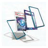 A set of protective card sleeves and frames shown floating against a white background, including a clear sleeve with a graded Pokémon TCG card inside, a blue-edged clear sleeve, a purple patterned sleeve, and a purple patterned frame.