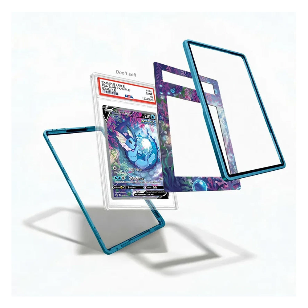 A set of protective card sleeves and frames shown floating against a white background, including a clear sleeve with a graded Pokémon TCG card inside, a blue-edged clear sleeve, a purple patterned sleeve, and a purple patterned frame.