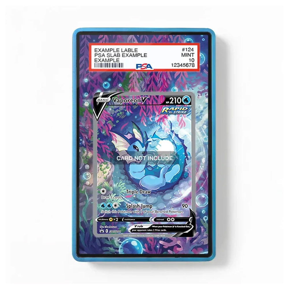 A collectible PSA graded slab containing a Vaporeon card from the Pokémon TCG, shown against a plain white background. The slab has a translucent blue border, and the inner card features a colorful underwater illustration of Vaporeon.