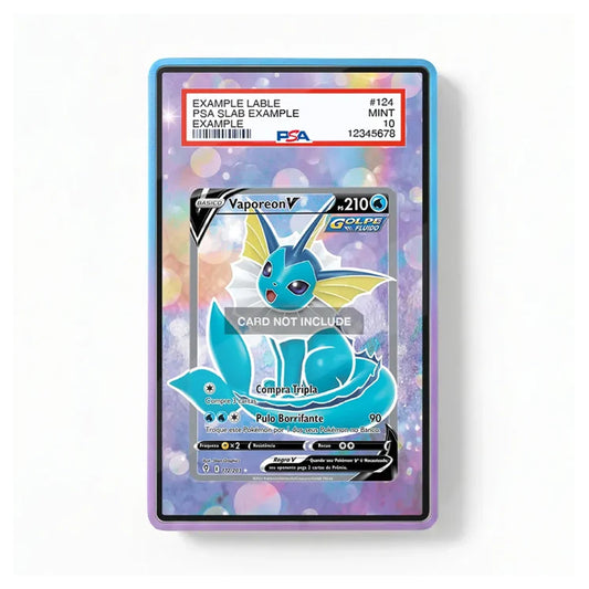 A collectible PSA grading slab containing a Vaporeon card, shown against a clean white background. The slab features a blue and purple iridescent border and a holographic background.