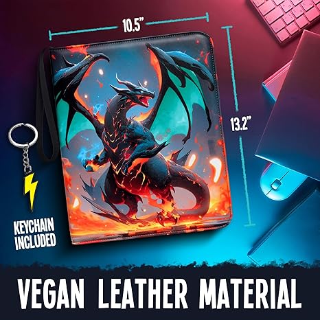 Vegan leather material product with dragon design, keychain, and measurements on a dark background