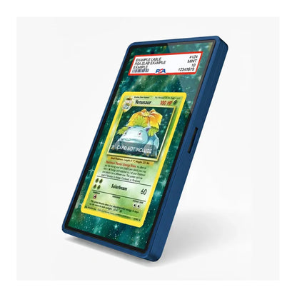 A blue protective phone case shown at an angle, featuring a printed sample Pokémon trading card design on the screen against a light gray background.