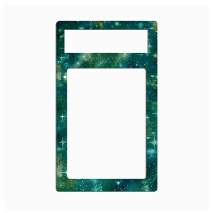 A decorative rectangular frame or plate with rounded corners, featuring a teal and green galaxy space pattern with white star-like specks. It has a smaller horizontal slot cutout at the top and a larger vertical slot cutout in the center, shown on a plain white background.