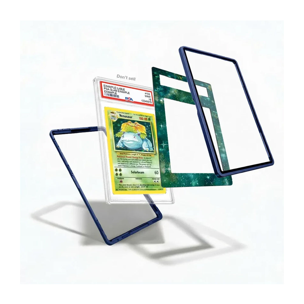 A clear acrylic protective case with a dark blue border and a green space-patterned inner insert, shown holding a graded Pokémon card. The case is displayed in three floating angles on a clean white background.