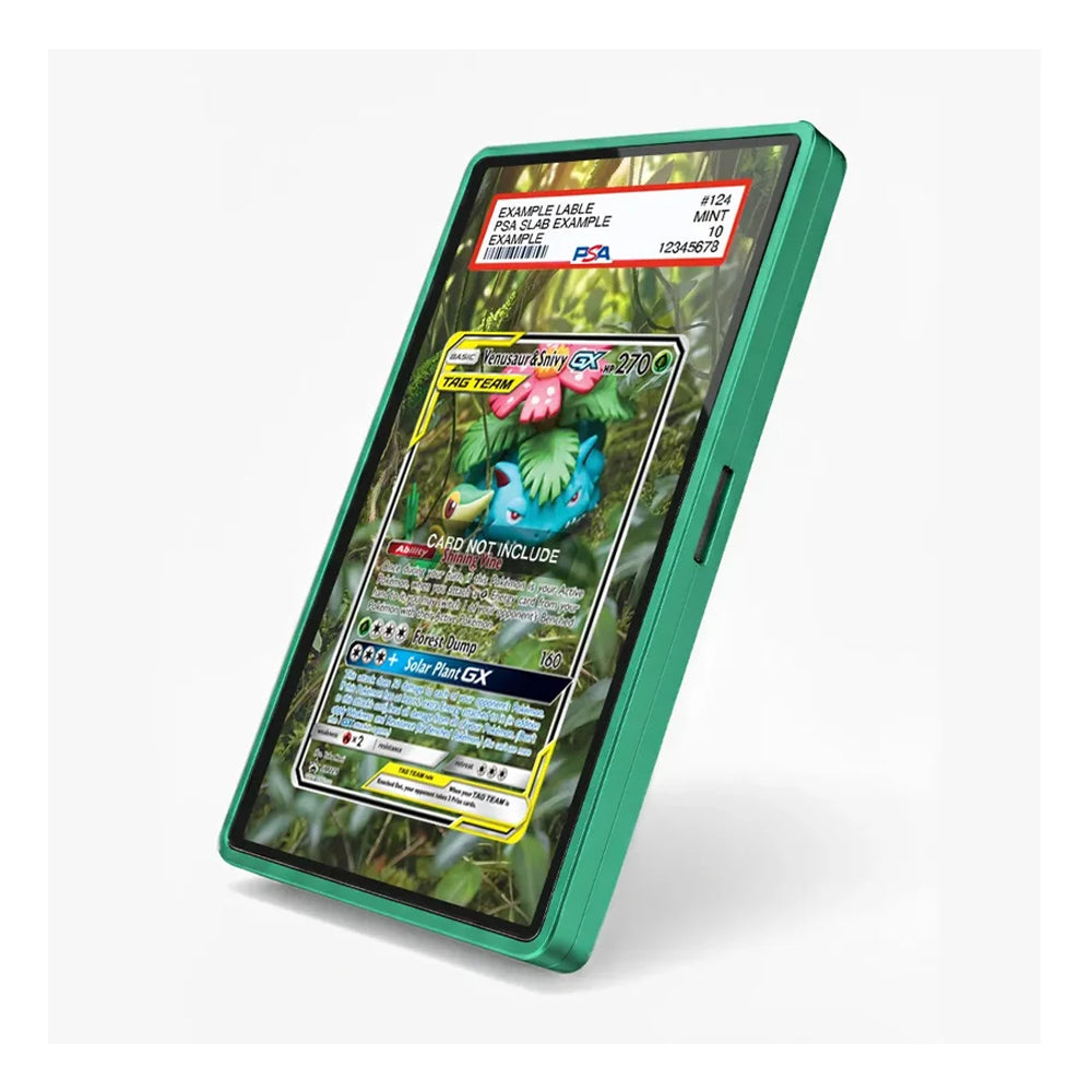 A green protective phone case with a custom printed Pokémon TCG card insert, shown on a white background with a soft shadow.