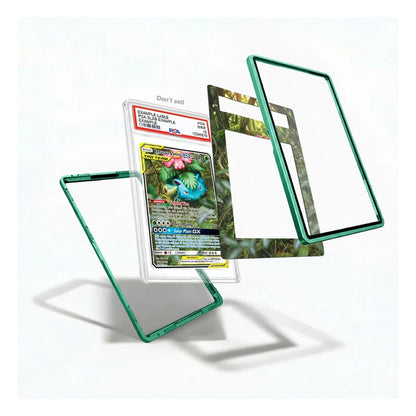 A clear protective case with a translucent green border shown in multiple angles, including one case standing open and one case containing a graded Pokémon TCG card. The product is displayed on a clean white background with soft shadows.