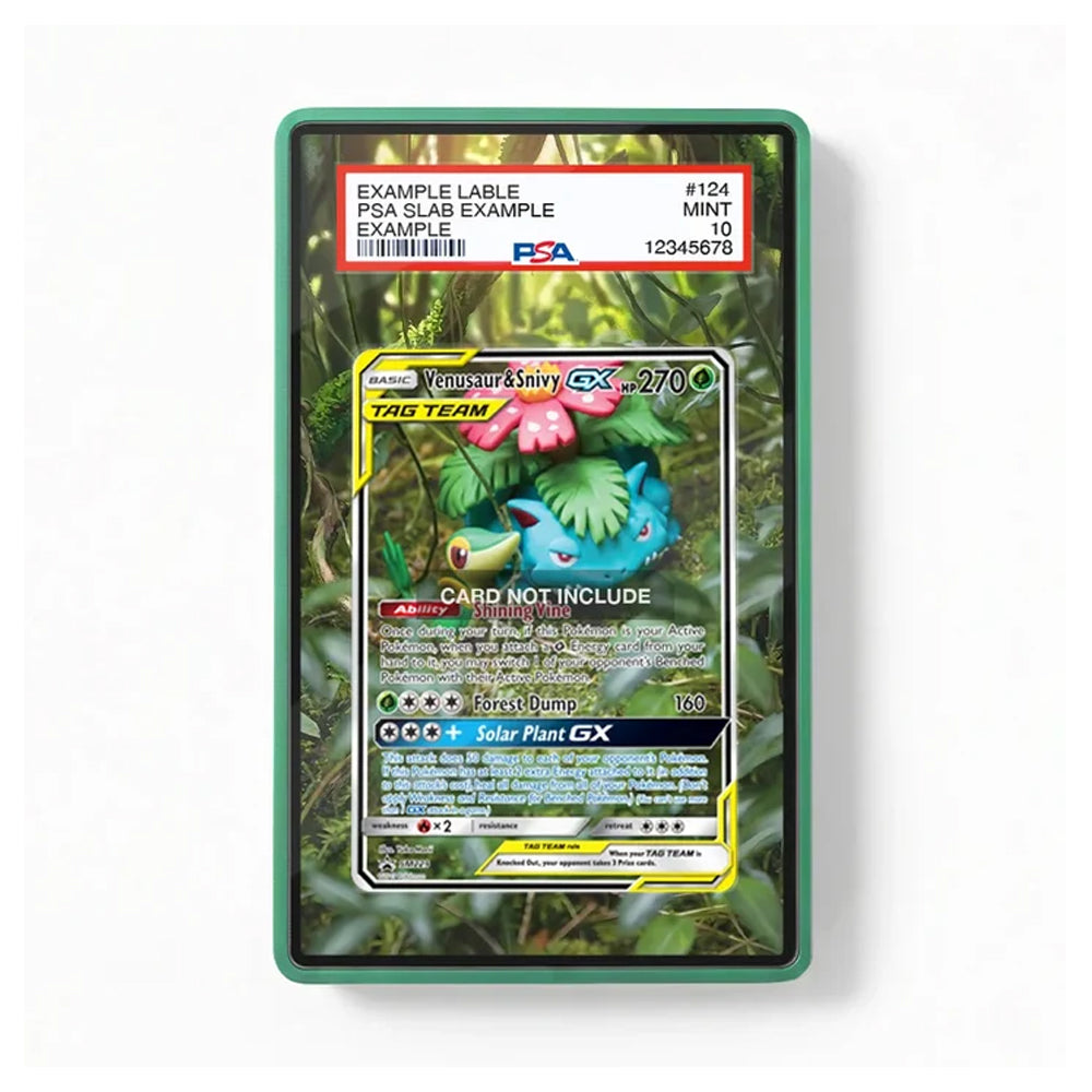 A green acrylic protective card slab containing a Pokémon TCG card, photographed against a clean white background. The slab has a PSA grading label at the top and a visible Bulbasaur card insert.