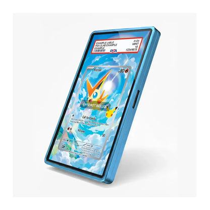 A blue protective phone case shown at an angle, featuring a printed replica of a Pokémon trading card on the back, set against a clean white background.