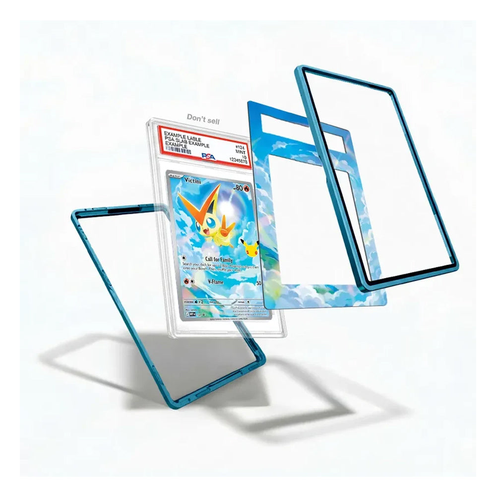 A set of custom acrylic or glass protective frames for Pokémon trading cards, shown floating around a graded card featuring Eevee. The frames have a translucent blue border and a light blue and white cloud pattern.