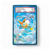 A blue-framed PSA grading slab holding a Pokémon trading card, shown against a plain white background. The slab includes a visible PSA label at the top and a sample Victini card inside.