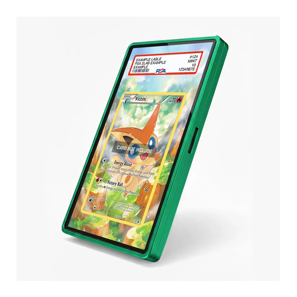 A green protective phone case shown at an angle, holding a smartphone with a colorful Pokémon card game screen. The case has a translucent green border and a side button cutout, photographed on a clean white background.