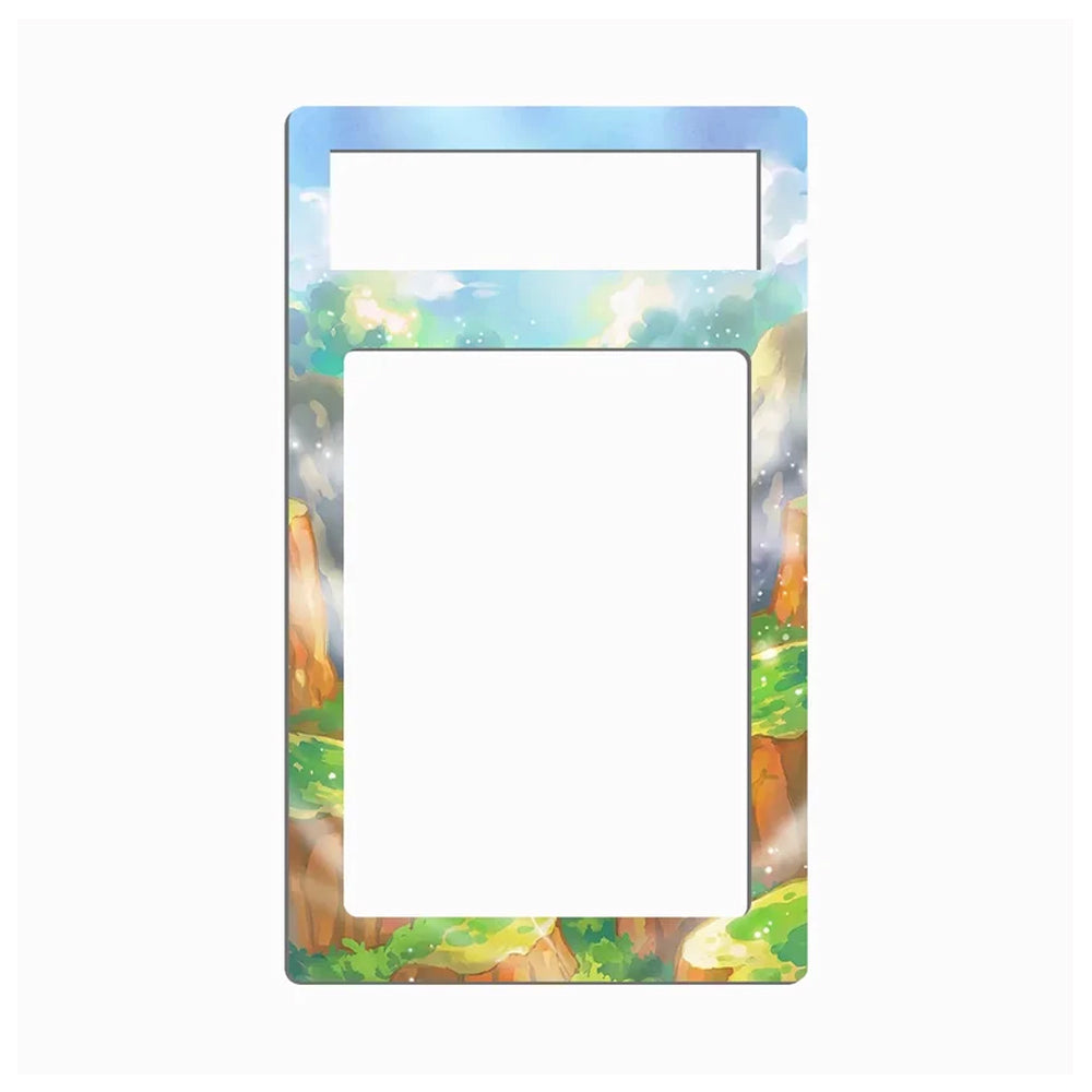 A decorative rectangular frame or insert with rounded corners, featuring an illustrated landscape border in soft blue, green, yellow, and brown tones, shown on a plain white background.
