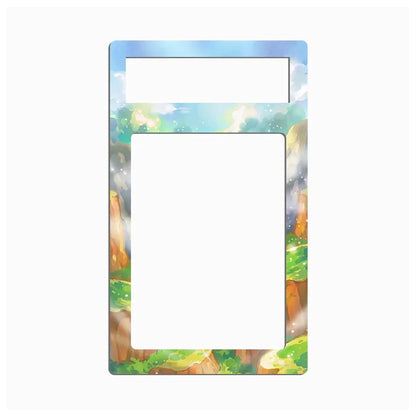 A decorative rectangular frame or insert with rounded corners, featuring an illustrated landscape border in soft blue, green, yellow, and brown tones, shown on a plain white background.