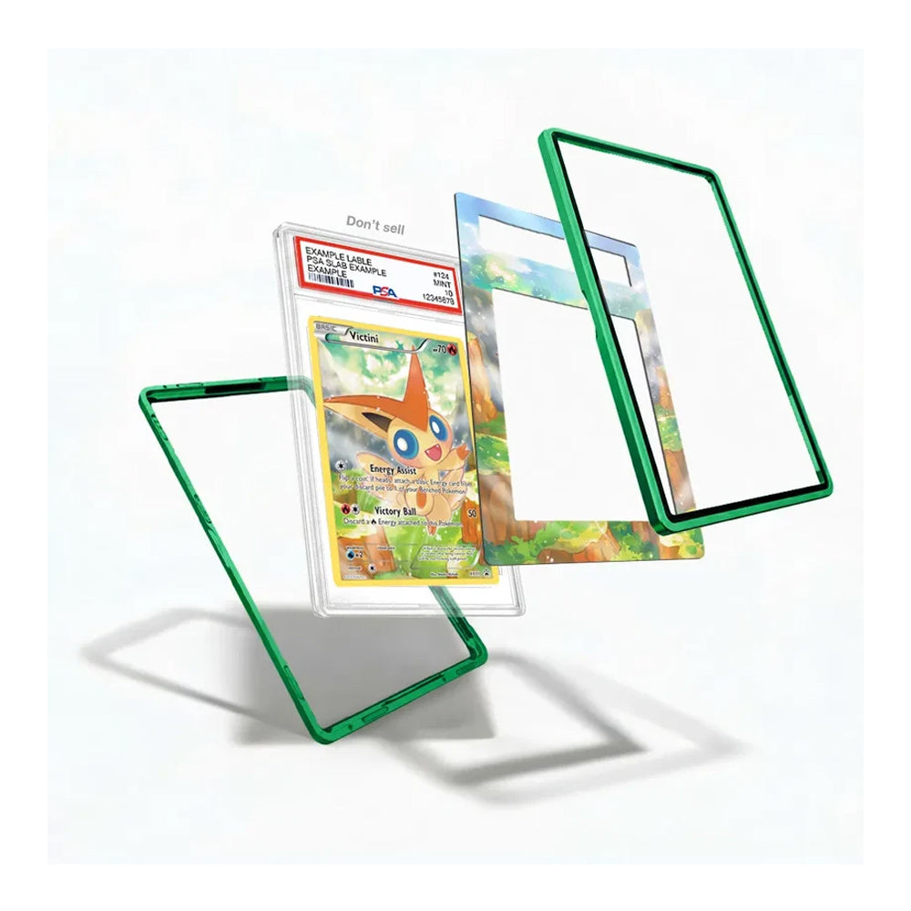 Three clear acrylic card protectors with vibrant green borders are shown floating at different angles against a white background, with a graded Pokémon card partially visible behind them to demonstrate use.