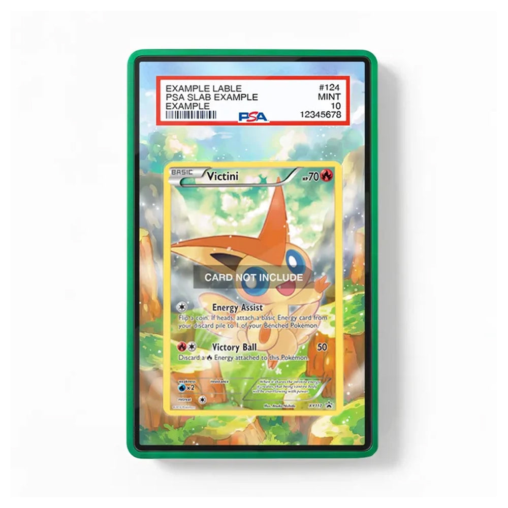 A PSA-graded protective slab containing a Victini trading card, shown against a plain white background. The slab has a green border and a red PSA label at the top.