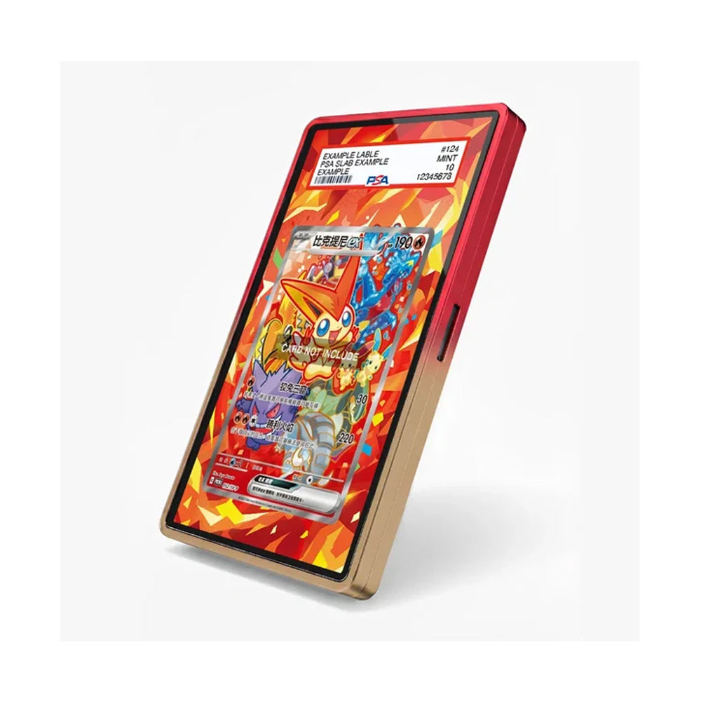A smartphone shown at an angle on a light gray background, featuring a vibrant red outer frame and a gold inner bezel around a colorful screen displaying a Pokémon trading card game interface.