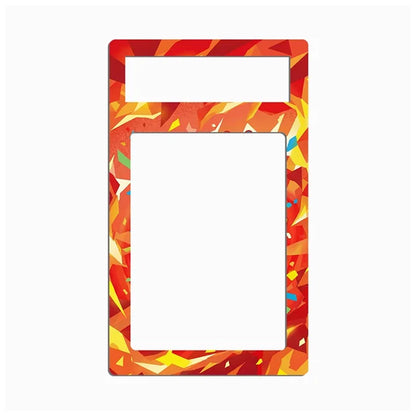A rectangular picture frame with a colorful abstract geometric pattern in red, orange, yellow, and small blue accents, shown on a plain white background.