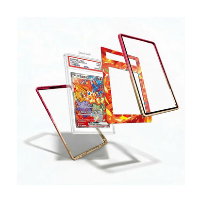Three transparent acrylic card protectors with colorful borders are displayed around a graded Pokémon TCG card in a clear holder on a white background.