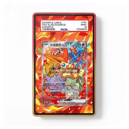 A collectible PSA graded slab containing a Pokémon card, shown against a plain white background. The slab has a red border and a fiery orange and yellow geometric pattern, while the inner card is a holographic Pokémon card with various character illustrations.
