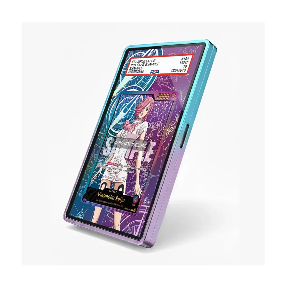A slim rectangular digital audio player or portable media player shown at an angle on a light gray background. The device has a translucent bumper with a blue-to-purple gradient and a colorful anime-style screen graphic.