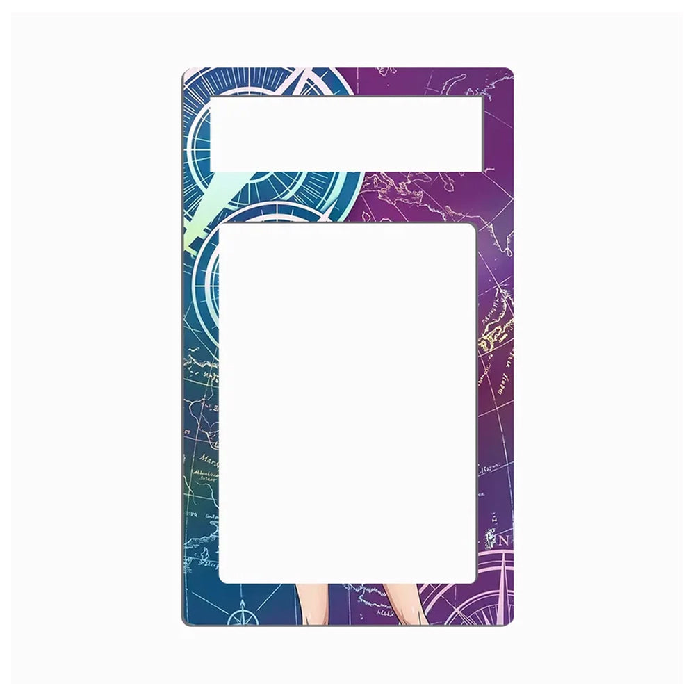 A decorative rectangular frame or plate with a large blank white center cutout and a smaller white rectangular cutout near the top. The border features a colorful celestial map design in shades of purple, blue, teal, and gold, with a small illustrated leg detail at the bottom.