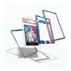 A set of transparent smartphone screen protectors with blue and purple gradient borders, shown floating around a graded collectible card on a clean white background.