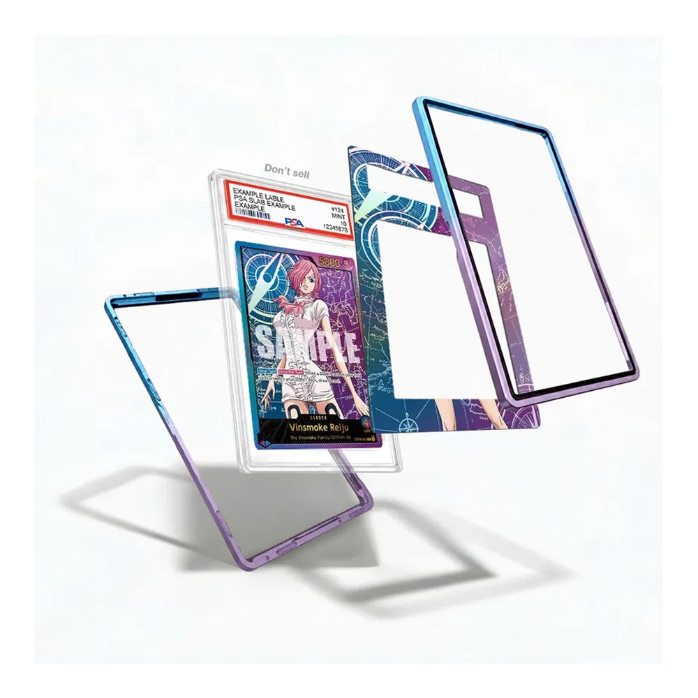 A set of transparent smartphone screen protectors with blue and purple gradient borders, shown floating around a graded collectible card on a clean white background.