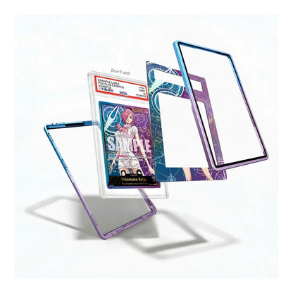 A set of transparent smartphone screen protectors with blue and purple gradient borders, shown floating around a graded collectible card on a clean white background.