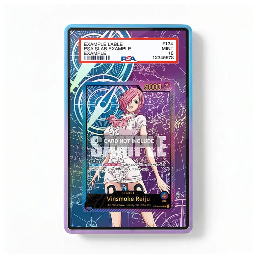 A PSA graded collectible card in a clear protective slab with a blue and purple border. The card features anime artwork of a pink-haired female character on a purple and blue patterned background, with a PSA label at the top showing grading details.