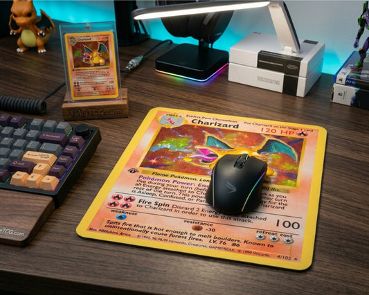 Vintage Charizard Pokémon card inspired gaming mouse pad on a premium wooden gaming desk with RGB mouse, keyboard, and collectible Pokémon display
