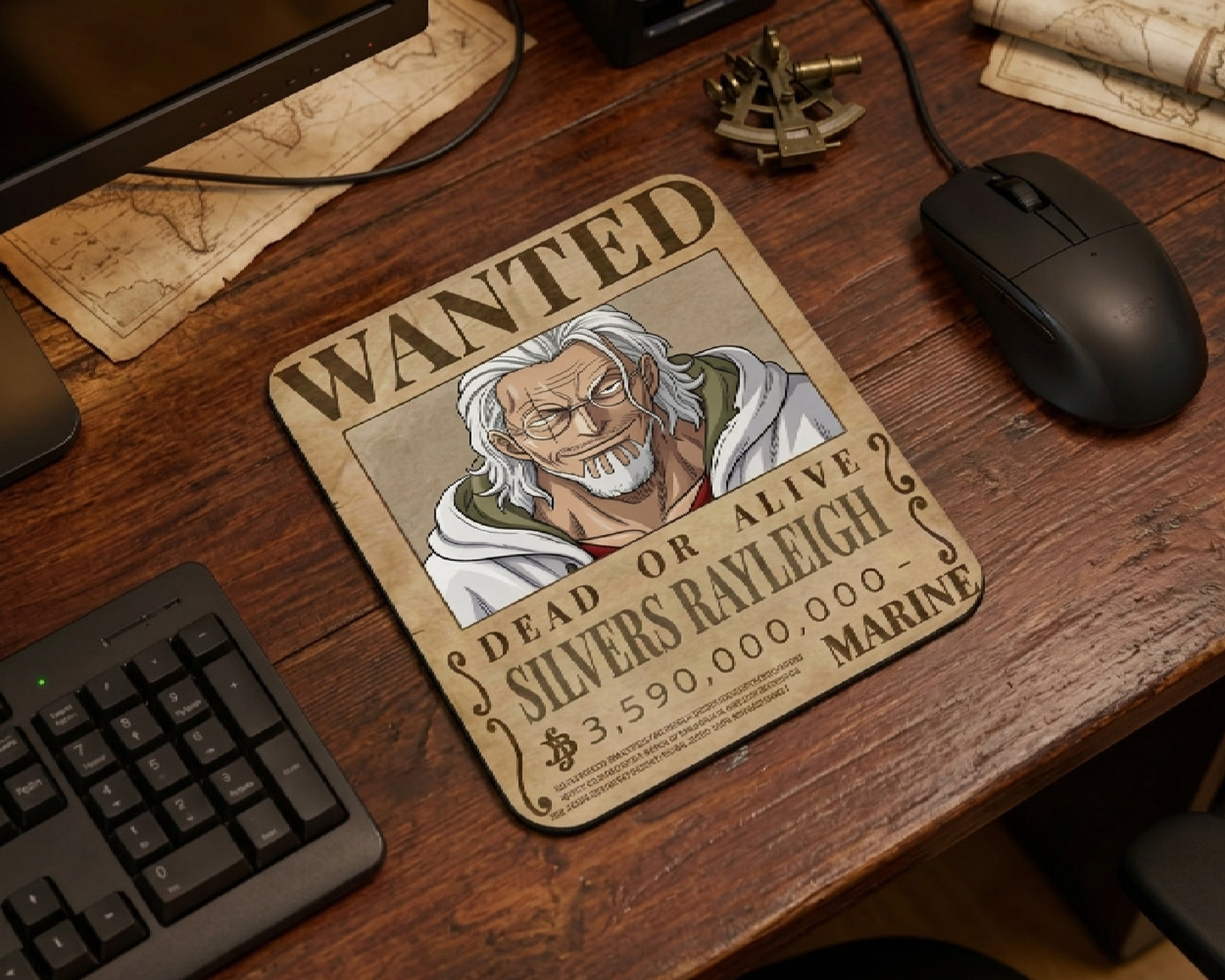 Vintage pirate themed workspace featuring a Silvers Rayleigh wanted poster mouse pad, wooden desktop, navigation map decor, and minimalist gaming mouse setup inspired by One Piece