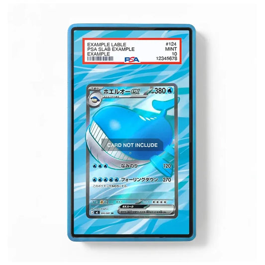 A PSA graded PSA slab containing a blue whale trading card on a light gray background.