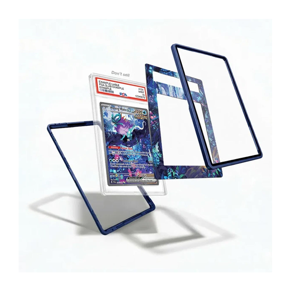 Three clear protective plastic card sleeves with dark blue borders are shown floating around a graded Pokémon TCG card in a clear slab on a white background.