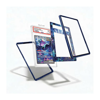 Three clear protective plastic card sleeves with dark blue borders are shown floating around a graded Pokémon TCG card in a clear slab on a white background.