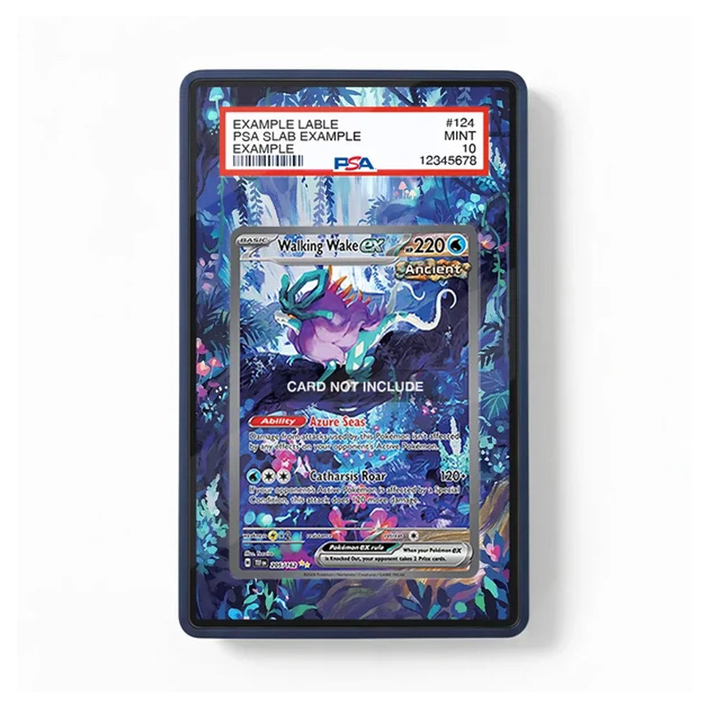A PSA-graded display slab containing a holographic Pokémon TCG card, shown against a plain white background. The slab features a dark blue border and a red PSA label at the top.