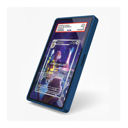 A blue protective phone case shown at an angle, displaying a sample Pokémon trading card on its screen. The top of the case features a red and white PSA authentication label, and a side button is visible on the right edge.