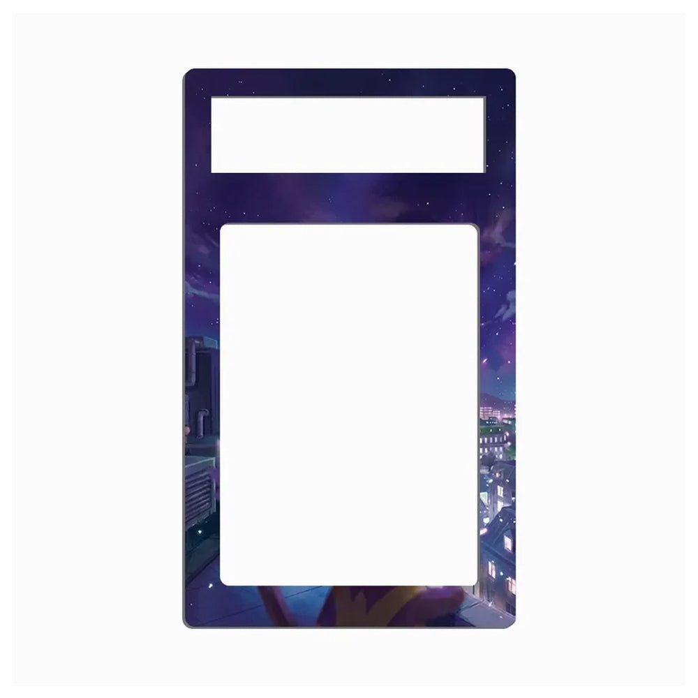 A decorative rectangular frame or plate with rounded corners, featuring a dark purple and blue galaxy cityscape print with a large blank white center cutout and a smaller white rectangular cutout near the top.