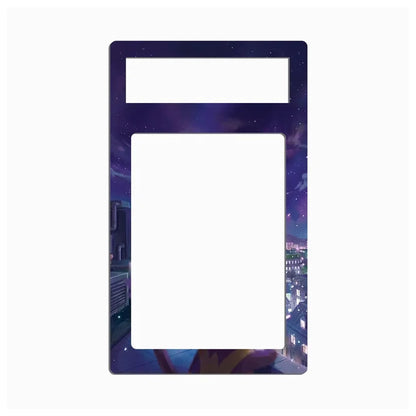 A decorative rectangular frame or plate with rounded corners, featuring a dark purple and blue galaxy cityscape print with a large blank white center cutout and a smaller white rectangular cutout near the top.