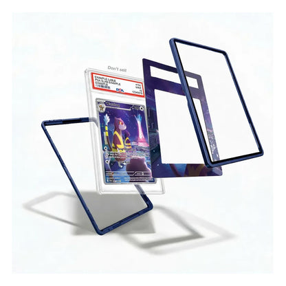 A clear plastic card protector case with a dark blue border, shown partially assembled with a graded Pokémon TCG card inside and additional transparent and blue inner panels floating behind it on a white background.