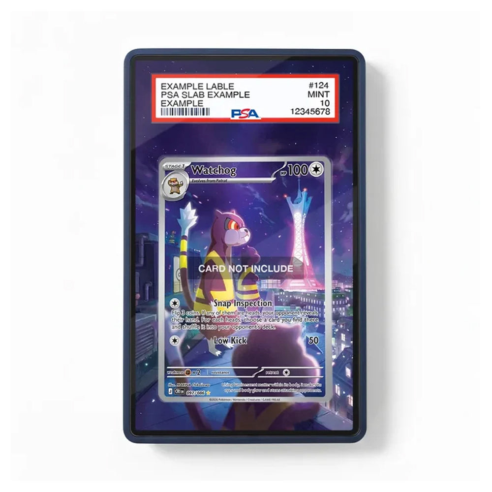 A PSA graded protective card slab showing a Pokémon card, photographed against a clean white background. The slab has a dark blue border and a red PSA label at the top.