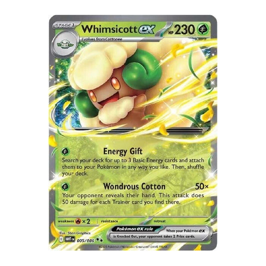 A single Pokémon trading card for Whimsicott EX, featuring artwork of the character with green and cream body details, yellow energy effects, and a gray card border on a plain white background.
