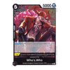 A single trading card featuring the character Who's Who from Animal Kingdom Pirates/Former CP9. The card has a black border, a pink-haired illustrated character in an orange coat, and game text including '5000' and 'Counter +2000'.