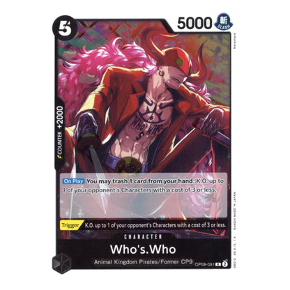 A single trading card featuring the character Who's Who from Animal Kingdom Pirates/Former CP9. The card has a black border, a pink-haired illustrated character in an orange coat, and game text including '5000' and 'Counter +2000'.