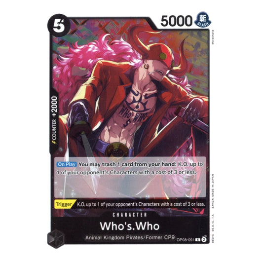 A single trading card featuring the character Who's Who from Animal Kingdom Pirates/Former CP9. The card has a black border, a pink-haired illustrated character in an orange coat, and game text including '5000' and 'Counter +2000'.