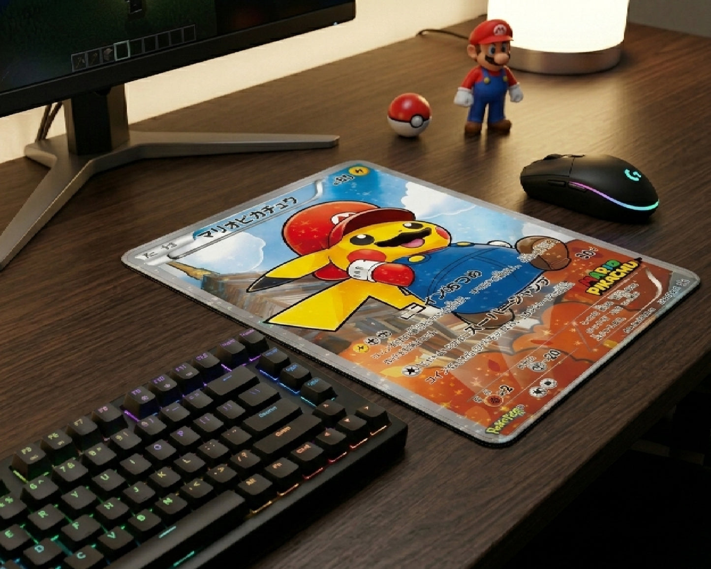 Wide-angle view of a Mario Pikachu Pokémon card inspired mouse pad on a premium gaming desk setup with RGB keyboard, gaming monitor, and Mario collectibles