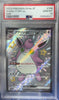 Pokémon trading card in a protective case with a label indicating its rarity and number.