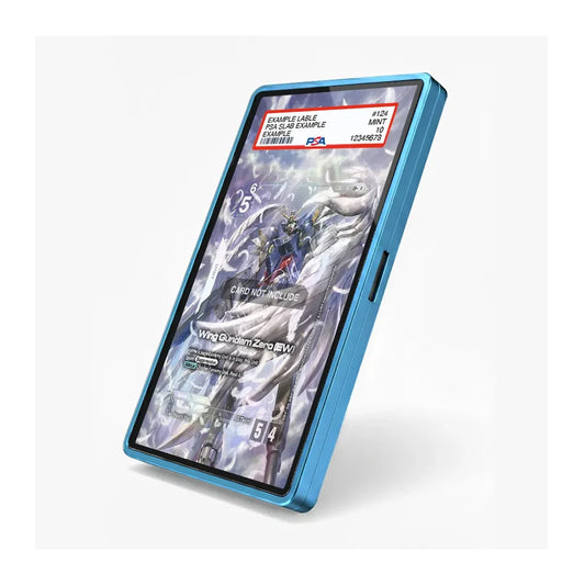 A blue protective phone case shown at an angle on a light gray background, with a sample Pokémon game screen visible inside.