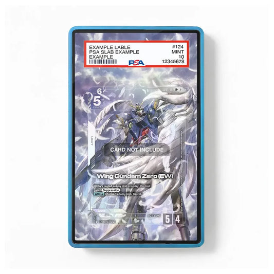 A PSA graded protective slab for a Gundam trading card, featuring a blue border and a clear top window showing an example label. The slab is shown against a plain white background.