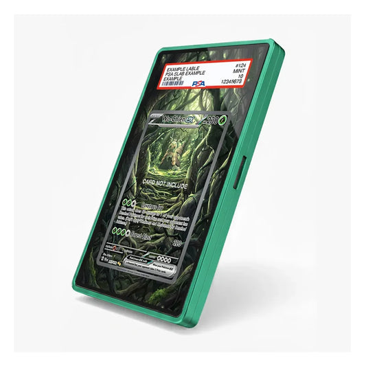 A mint green protective phone case shown at an angle, featuring a custom printed back design with a fantasy forest scene and a sample trading card mockup. The case is photographed on a clean, light gray background.
