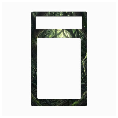A rectangular decorative plate or frame insert with a dark forest vine border and a large blank white center, shown on a plain light gray background.
